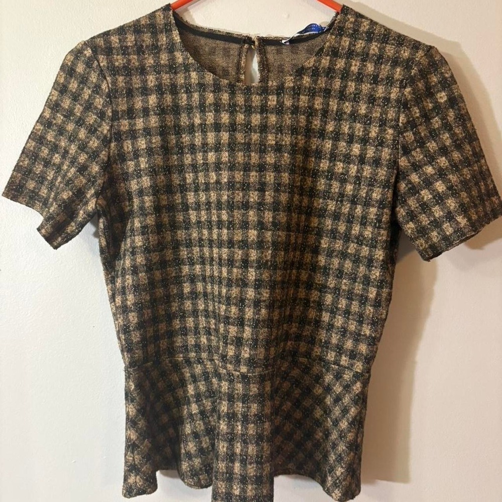 NWT Zara brown and black checkered top with short‎ sleeves Size S